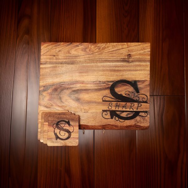 Personalized Cutting Board & Coaster Gift Set | Laser Engraved Custom Family Name | Wedding, Housewarming & Anniversary Bundle
