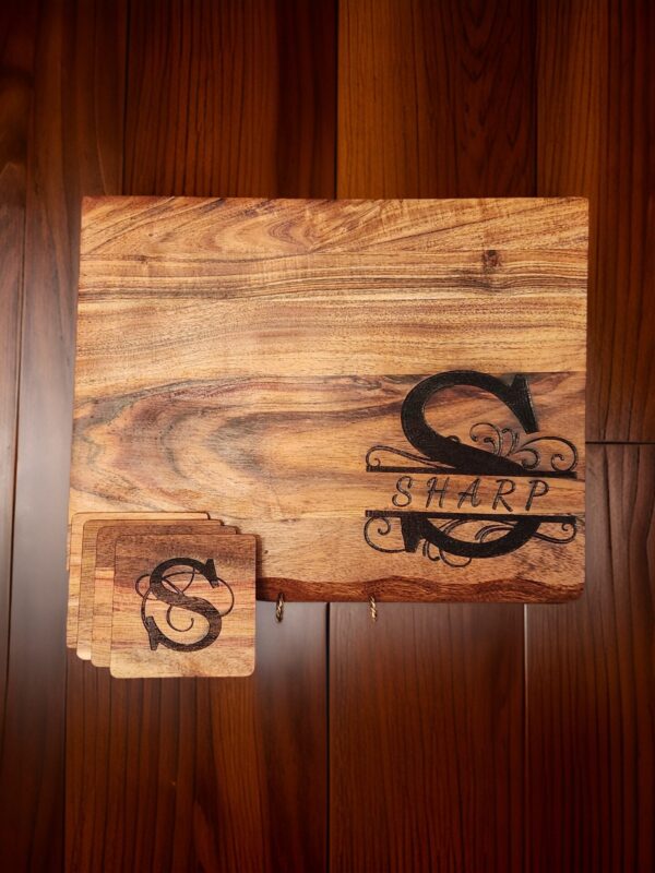 Personalized Cutting Board & Coaster Gift Set | Laser Engraved Custom Family Name | Wedding, Housewarming & Anniversary Bundle