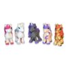 Five small unicorn figurines in different colors lined up side by side, each with articulating legs.