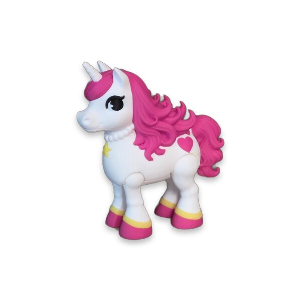 articulating-unicorn-figurine-2-inch-2 A pink and white unicorn figurine with a star and heart marking and pink hooves.