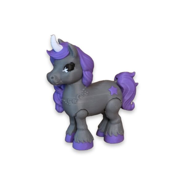 articulating-unicorn-figurine-2-inch-4 A gray unicorn figurine with a purple mane, tail, and star marking.