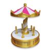 A pink and gold carousel toy with a striped canopy on a twisted center post and five empty figurine posts around the base.