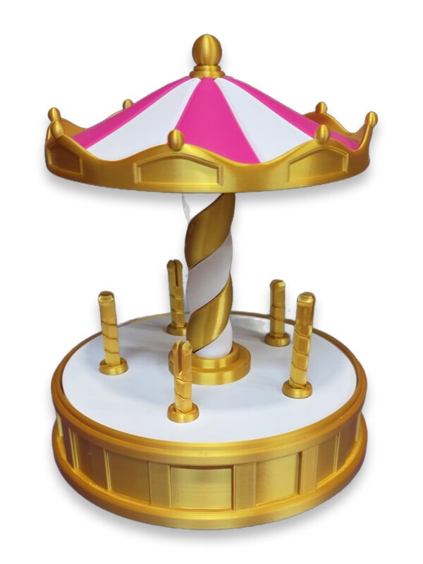 carousel-toy-spinning-figurine-posts-pink-gold-1 A pink and gold carousel toy with a striped canopy on a twisted center post and five empty figurine posts around the base.