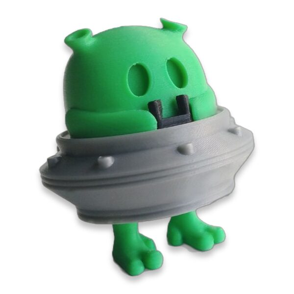 articulated-alien-fidget-toy-poseable-desk-buddy-1 Green alien figure with flying saucer body, articulated legs and black nose detail, front view on white background.