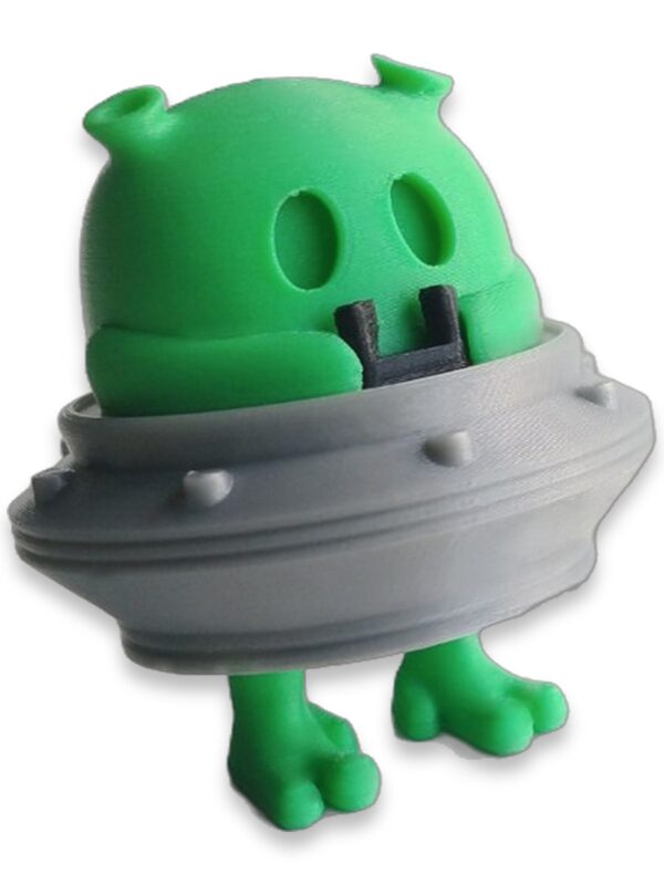 articulated-alien-fidget-toy-poseable-desk-buddy-1 Green alien figure with flying saucer body, articulated legs and black nose detail, front view on white background.
