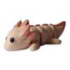A pale pink 3D printed articulated axolotl figure with frilly gills and a curled tail, shown from the side.