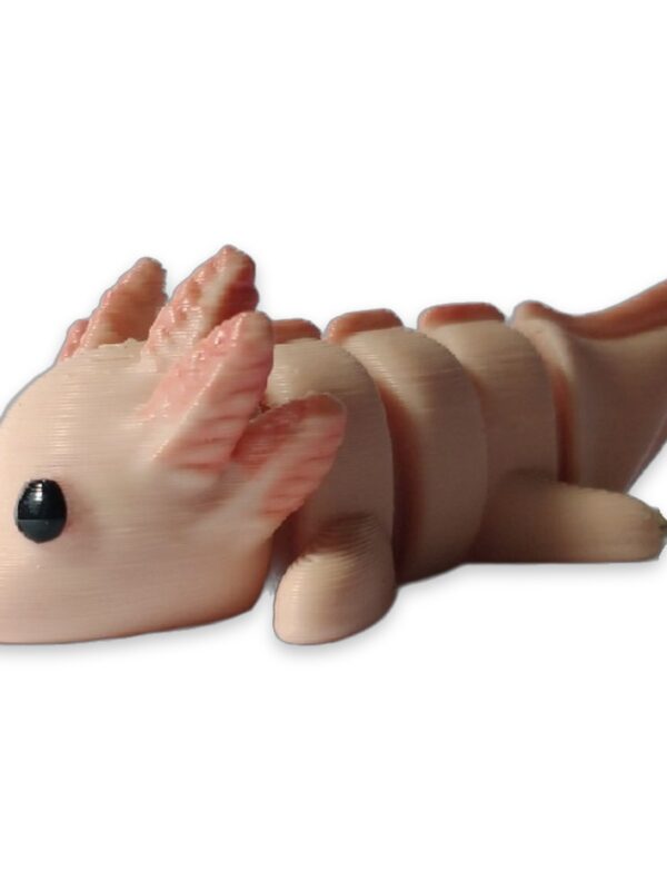 articulated-baby-axolotl-fidget-toy-poseable-desk-buddy-1 A pale pink 3D printed articulated axolotl figure with frilly gills and a curled tail, shown from the side.