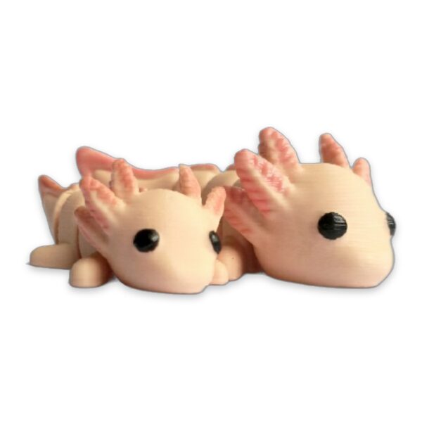 Two pale pink articulated axolotl figures lying side by side, shown from the front with their gills and dark eyes visible.