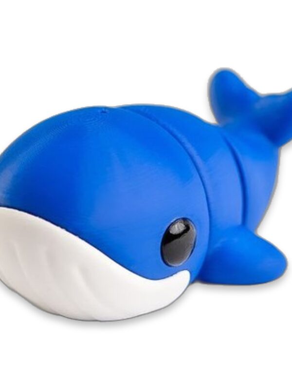 articulated-baby-blue-whale-fidget-toy-poseable-desk-buddy-1 Blue whale figurine with white belly and curved tail fin, viewed from the back showing its raised tail.