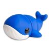 Blue whale figurine shown from the side with its white belly and small black eye visible.