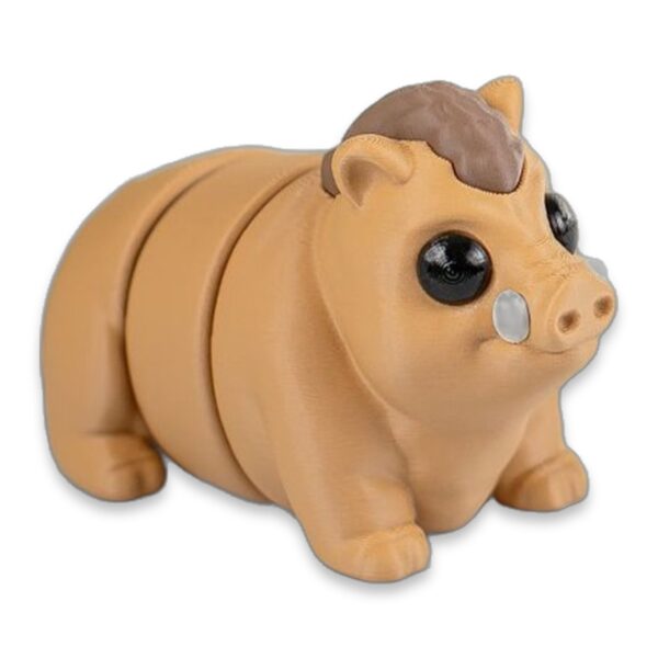 Tan 3D-printed baby boar figure with articulated segmented body next to a sprig of artificial leaves