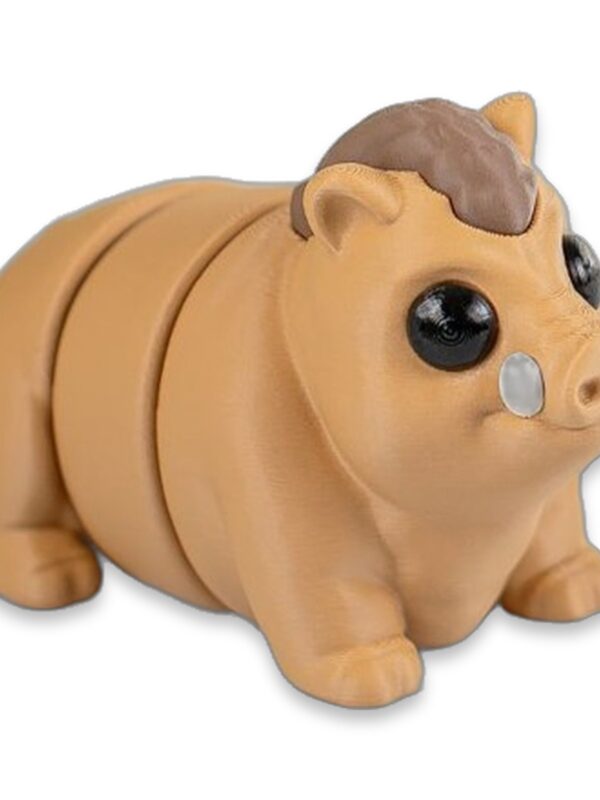 articulated-baby-boar-fidget-toy-poseable-desk-buddy-1 Tan 3D-printed baby boar figure with articulated segmented body next to a sprig of artificial leaves