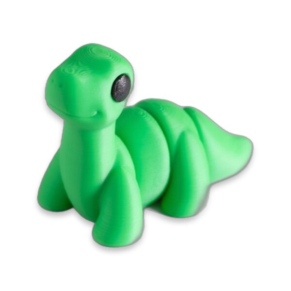 articulated-baby-brontosaurus-fidget-toy-1 A green articulated baby brontosaurus figure with a black eye sits in front of greenery, labeled Baby Brontosaurus.
