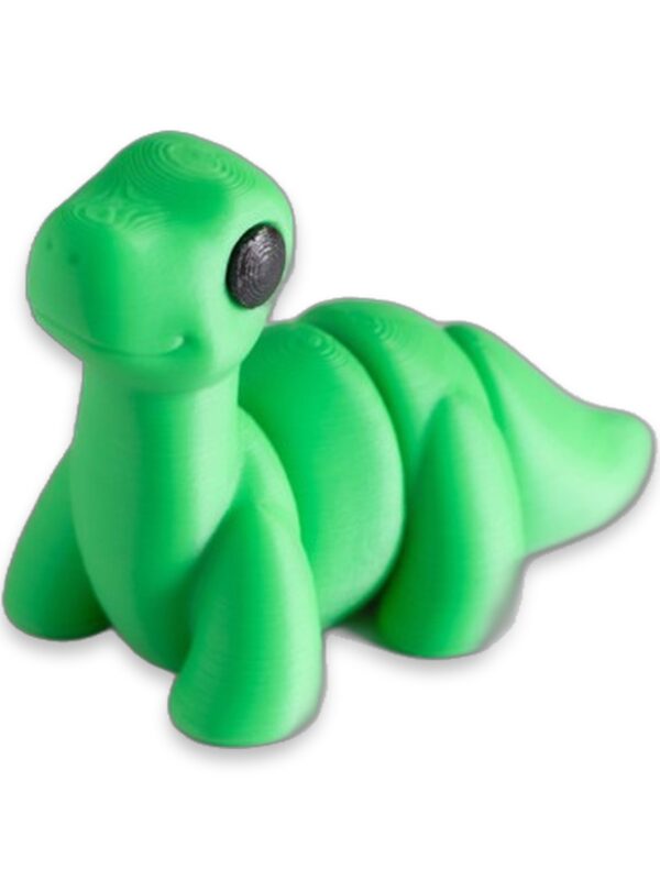articulated-baby-brontosaurus-fidget-toy-1 A green articulated baby brontosaurus figure with a black eye sits in front of greenery, labeled Baby Brontosaurus.
