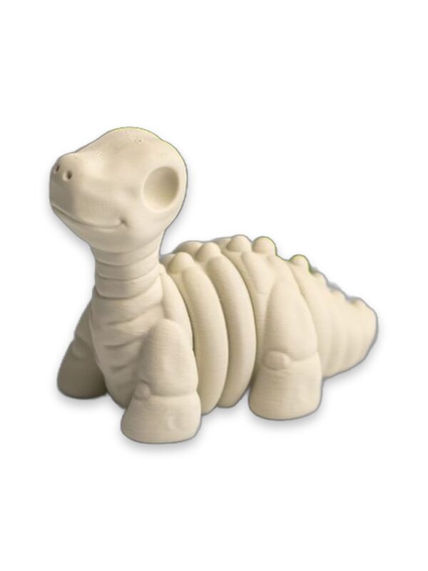 articulated-baby-brontosaurus-skeleton-fidget-toy-1 A cream-colored articulated brontosaurus skeleton figure posed with its head turned, showing movable neck and body joints.