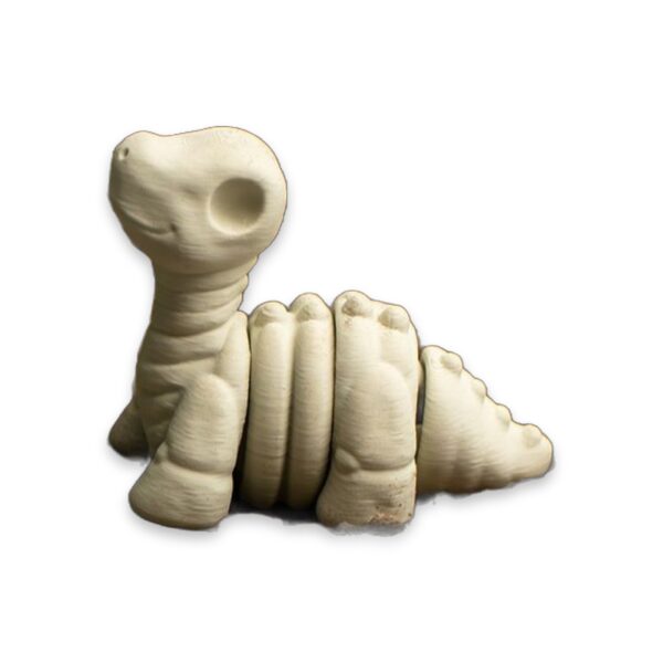 articulated-baby-brontosaurus-skeleton-fidget-toy-3 A side view of the brontosaurus figure showing the ridged, segmented joints along its back and neck.