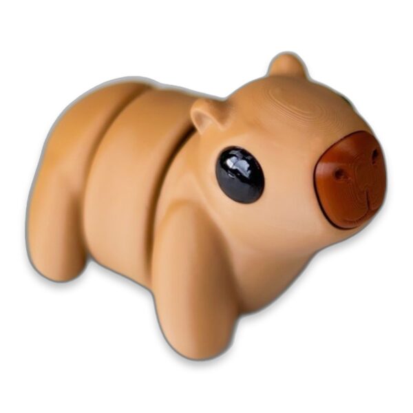 articulated-baby-capybara-fidget-toy-poseable-desk-buddy-1-1 A tan 3D-printed baby capybara figure with a segmented body, big black eyes, and a brown nose, shown from an angled front view.