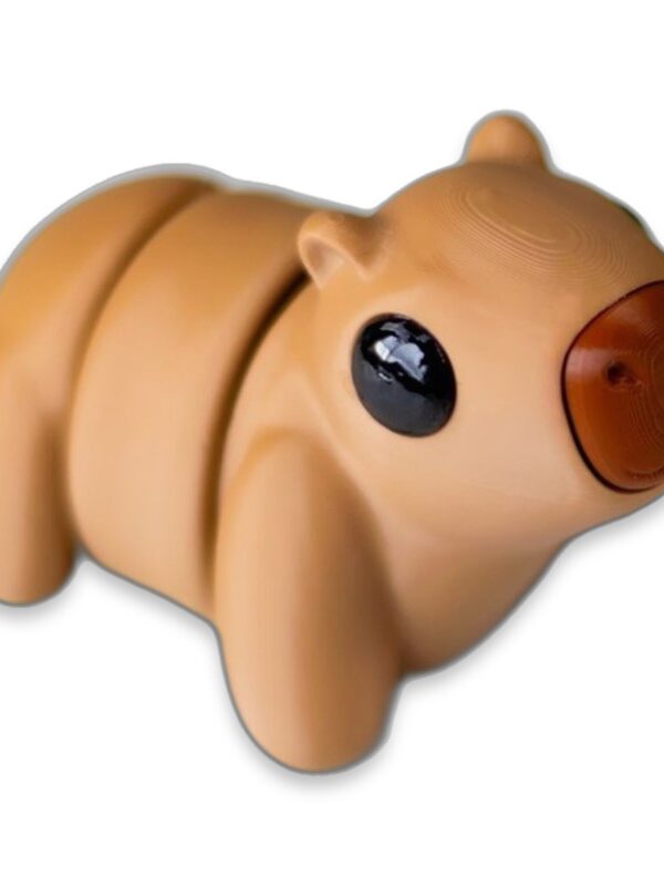 articulated-baby-capybara-fidget-toy-poseable-desk-buddy-1-1 A tan 3D-printed baby capybara figure with a segmented body, big black eyes, and a brown nose, shown from an angled front view.