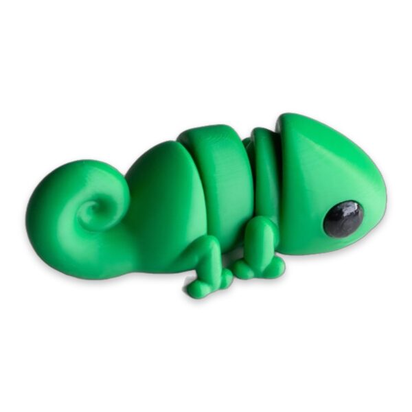 articulated-baby-chameleon-fidget-toy-1 Green 3D printed articulated baby chameleon figure with curled tail viewed from the side.