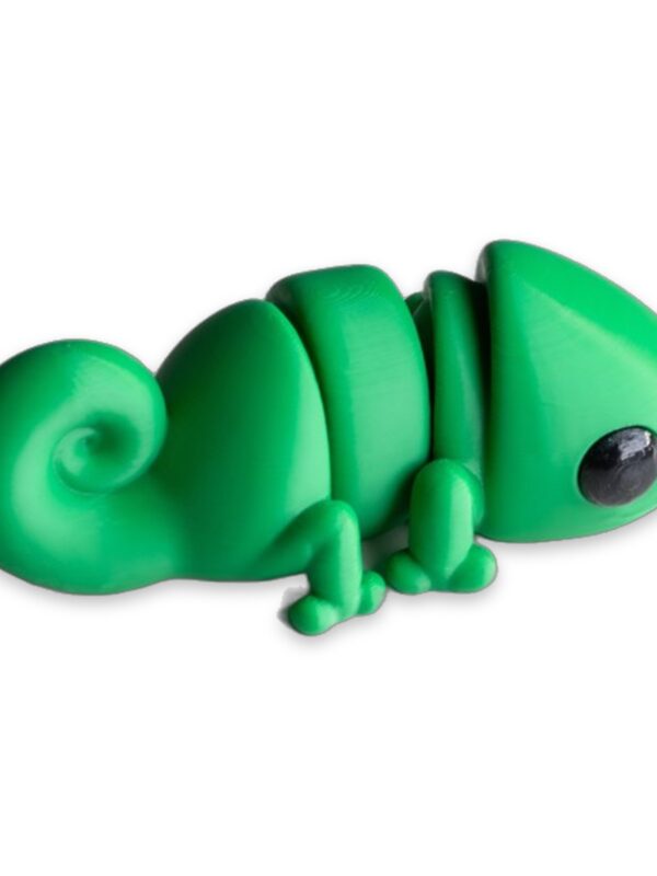 articulated-baby-chameleon-fidget-toy-1 Green 3D printed articulated baby chameleon figure with curled tail viewed from the side.