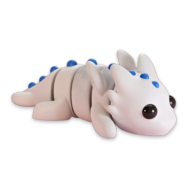 articulated-baby-dragon-poseable-fidget-toy-1 A white articulated baby dragon figure with blue spikes lying on its side, eyes open.
