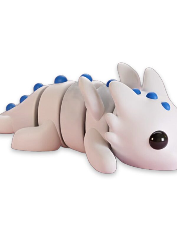 articulated-baby-dragon-poseable-fidget-toy-1 A white articulated baby dragon figure with blue spikes lying on its side, eyes open.