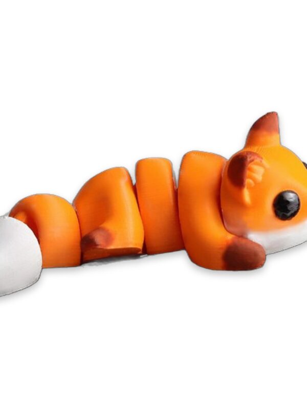 articulated-baby-fox-fidget-toy-poseable-desk-buddy-1 An orange and white articulated fox figure resting its head on a textured wooden log, labeled Baby Fox.