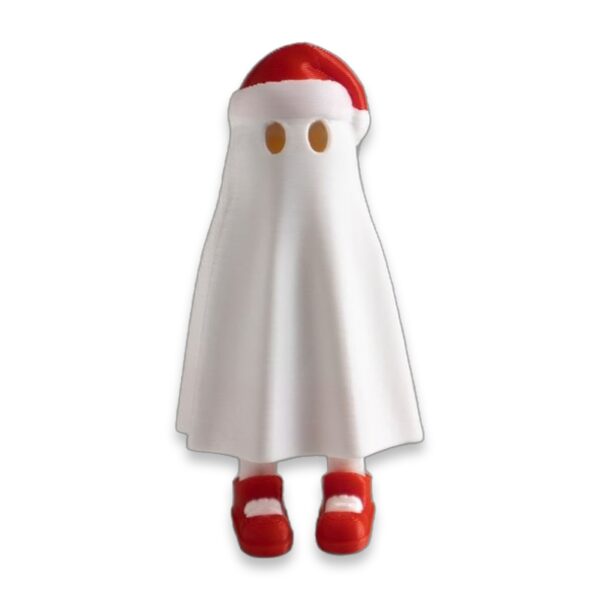 articulated-christmas-ghost-fidget-toy-poseable-desk-buddy-1 A white ghost figure wearing a red and white Santa hat and red shoes with white trim, front view on a plain background.