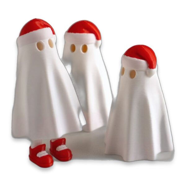 articulated-christmas-ghost-fidget-toy-poseable-desk-buddy-2 Three white ghost figures with Santa hats grouped together, one showing red shoes peeking out from under its robe.