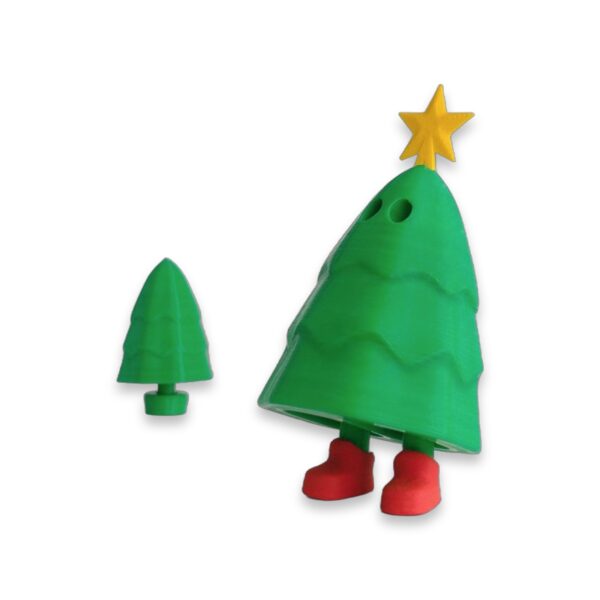 articulated-christmas-tree-fidget-toy-poseable-desk-buddy-1 A green articulated Christmas tree figure with a yellow star topper and red boots stands beside a smaller solid tree piece.