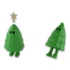 A green Christmas tree figure with a face and boots shown next to its disassembled star topper and a rear view of its jointed legs.