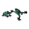 articulated-frog-3d-printed-flexi-posable-1 Two small green articulated frog figurines with black painted feet posed on a marble countertop.