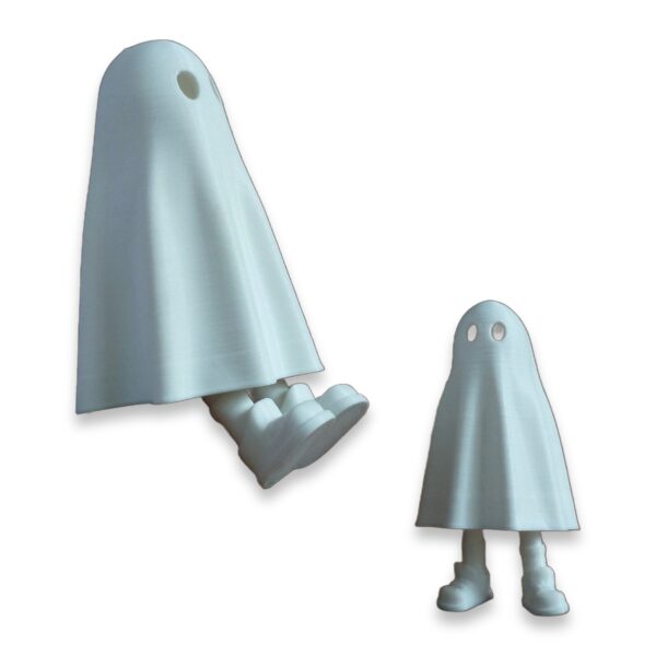articulated-ghost-fidget-toy-poseable-desk-buddy-1 A tall articulated ghost figure shown with its booted feet separated from the body to display the printed joints.