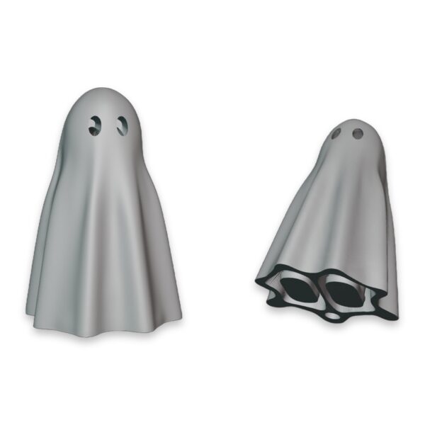 articulated-ghost-fidget-toy-poseable-desk-buddy-2 Two gray-rendered ghost figures, one standing and one shown from below revealing the hollow joint structure.