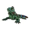 Green and brown articulated iguana figure with yellow eyes posed with legs spread and tail curved to the side.