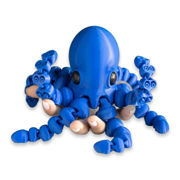 articulated-octopus-fidget-toy-poseable-desk-buddy-3 Front view of a blue articulated octopus toy resting on a hand with its tentacles spread out.