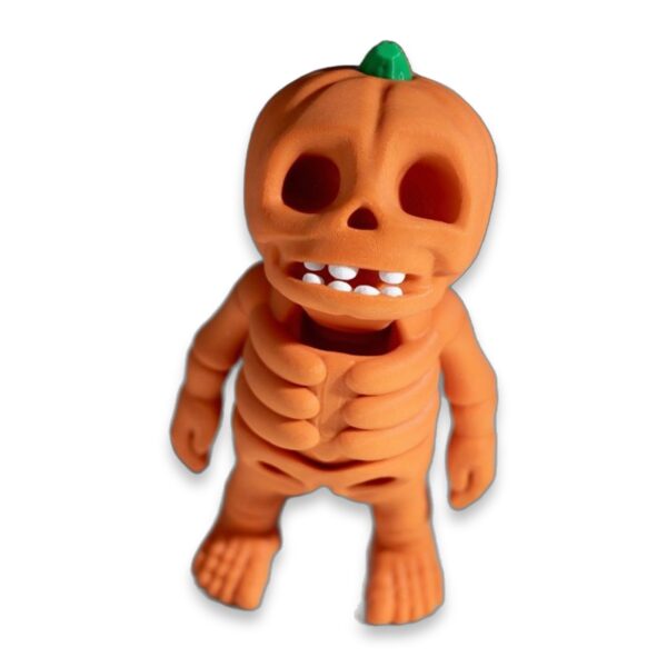 articulated-pumpkin-skeleton-fidget-toy-poseable-desk-buddy-1 Front view of an orange pumpkin-headed skeleton figure with a green stem and articulated limbs.