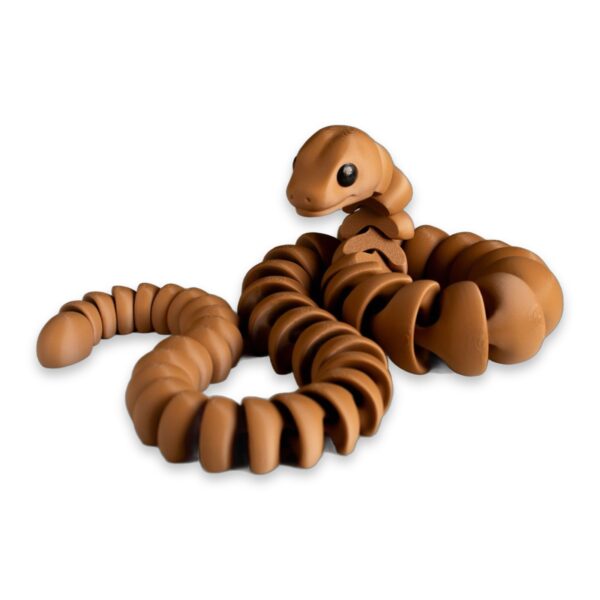 articulated-snake-fidget-toy-poseable-desk-buddy-2 A brown articulated snake toy lying coiled with its head resting near the middle of its body.
