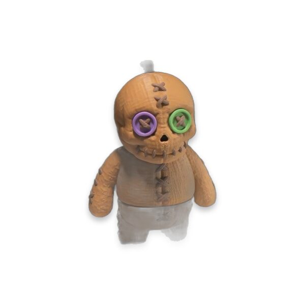 articulated-voodoo-doll-fidget-toy-poseable-desk-buddy-3 Close-up of the voodoo doll's head and upper body against a blurred background.