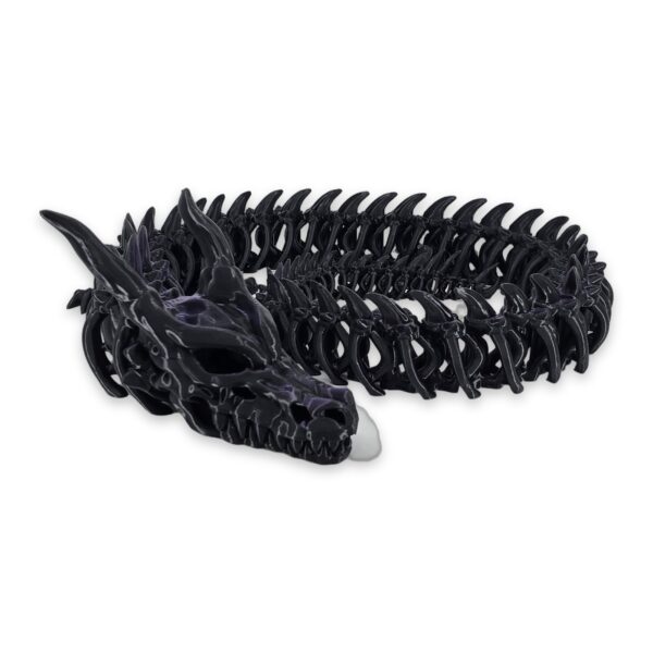dragon-skeleton-articulating-fidget-toy-3 A black and purple dragon skeleton toy coiled on a white background, showing its horned skull and bone-like spine.
