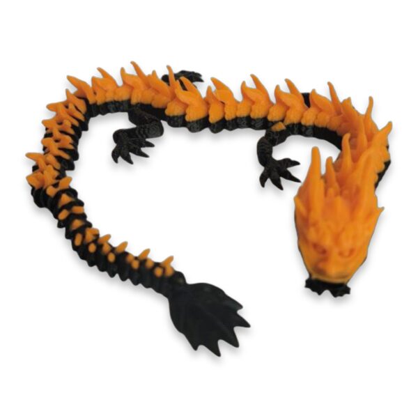 Black and orange articulated dragon curled into a loop showing its flame-like spikes.