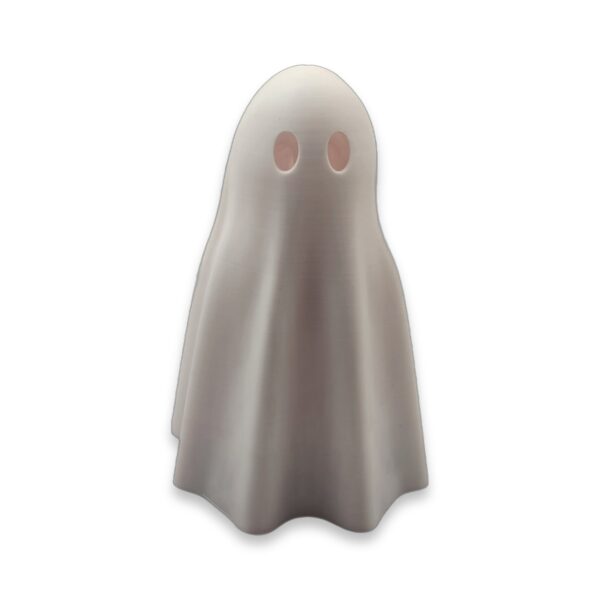 ghost-fidget-figurine-poseable-articulated-desk-buddy-1 A small gray ghost figurine with two oval cutout eyes, standing upright facing forward.