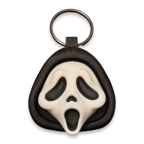 halloween-clickers-fidget-toy-clickable-1 A black and white Ghostface-style fidget clicker keychain with a screaming mouth, shown on a metal split ring.