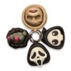 halloween-clickers-fidget-toy-clickable-4 Four Halloween fidget clicker keychains arranged together: a mummy face, a clawed hand, a hooded skull, and a screaming ghost face.