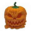 melting-pumpkin-candy-dispenser-1 Front view of an orange melting jack-o'-lantern figurine with a snarling carved face and green stem