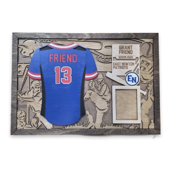 Layered wood sign with a blue and red baseball jersey reading FRIEND 13, surrounded by an etched stadium scene, team name, and a small photo frame.