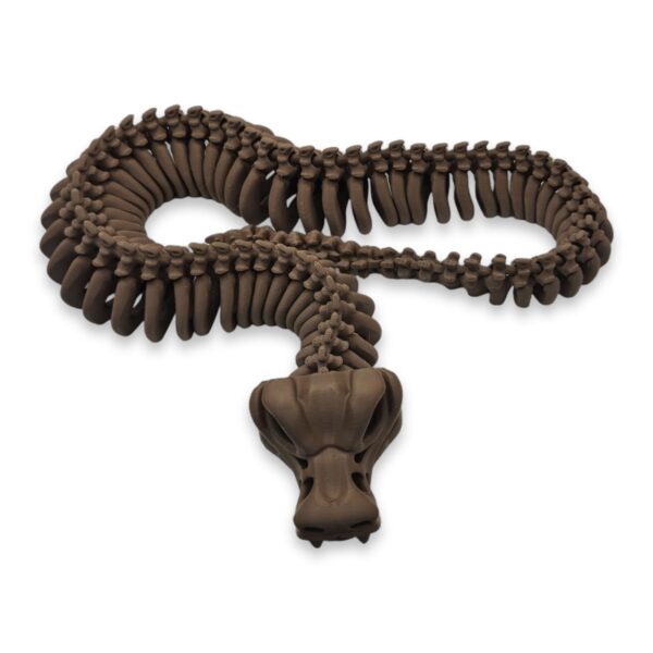 skeleton-snake-fidget-toy-articulated-1 Five 3D printed skeleton snakes coiled together in gray, teal, tan, and brown colors showing fanged skull detail.