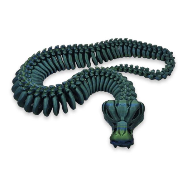 skeleton-snake-fidget-toy-articulated-3 A brown skeleton snake coiled in loops with its fanged skull facing forward.