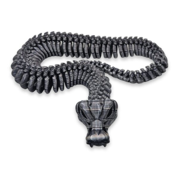 skeleton-snake-fidget-toy-articulated-4 A tan skeleton snake coiled in loops with its fanged skull facing forward.