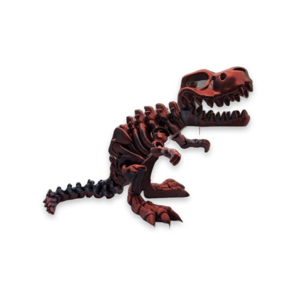 Copper-toned 3D printed T-Rex skeleton toy posed standing with mouth open.
